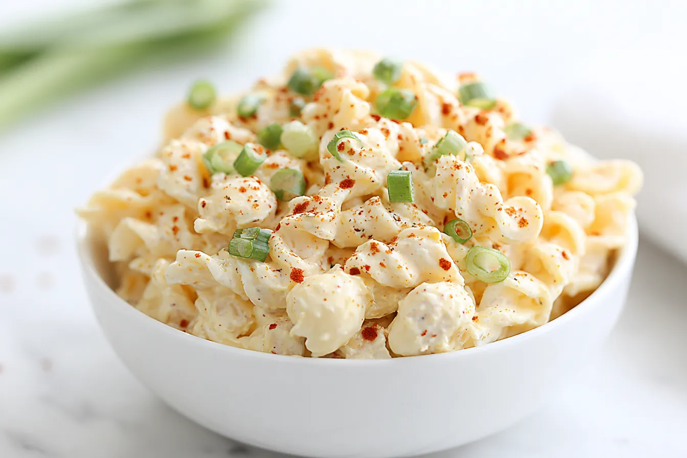 Deviled Egg Pasta Salad served in a white bowl with paprika and green onions