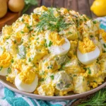 Deviled Egg Potato Salad piled high in a bowl with dill, chives, and halved eggs