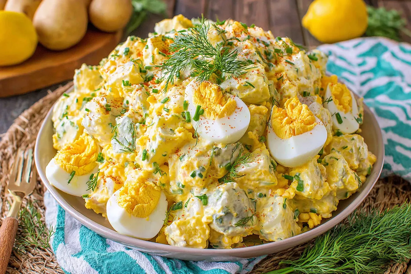 Deviled Egg Potato Salad piled high in a bowl with dill, chives, and halved eggs
