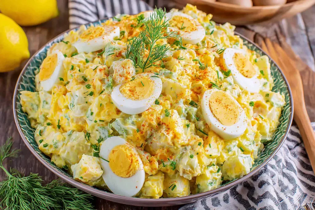 Deviled Egg Potato Salad served in a bowl with sliced eggs, paprika, and fresh dill