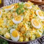 Deviled Egg Potato Salad served in a bowl with sliced eggs, paprika, and fresh dill