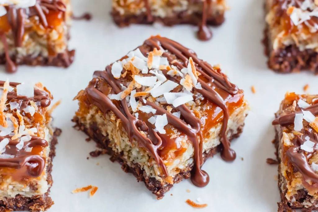 Easy Samoa Brownies squares topped with caramel coconut and chocolate drizzle