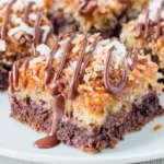 Easy Samoa Brownies with gooey caramel coconut topping and chocolate drizzle
