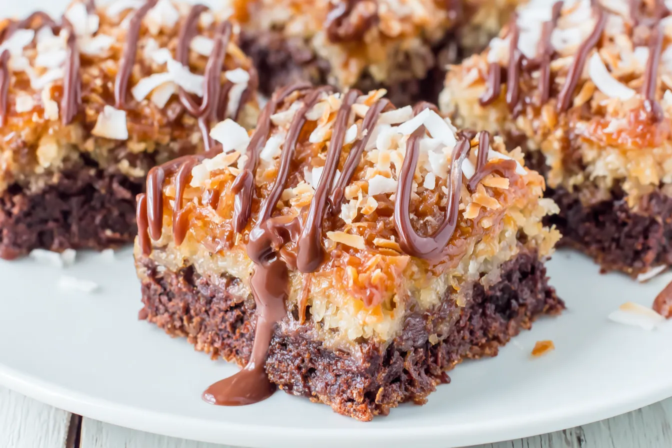 Easy Samoa Brownies with gooey caramel coconut topping and chocolate drizzle