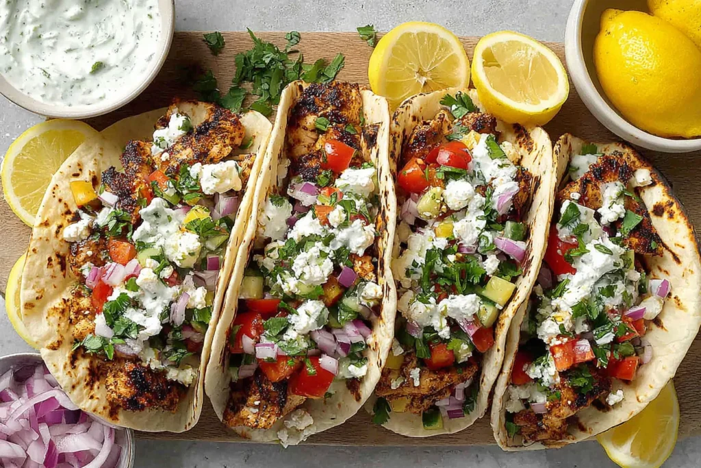 Close-up of Grilled Mediterranean Chicken Tacos with diced vegetables, feta, and creamy sauce