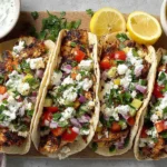 Close-up of Grilled Mediterranean Chicken Tacos with diced vegetables, feta, and creamy sauce