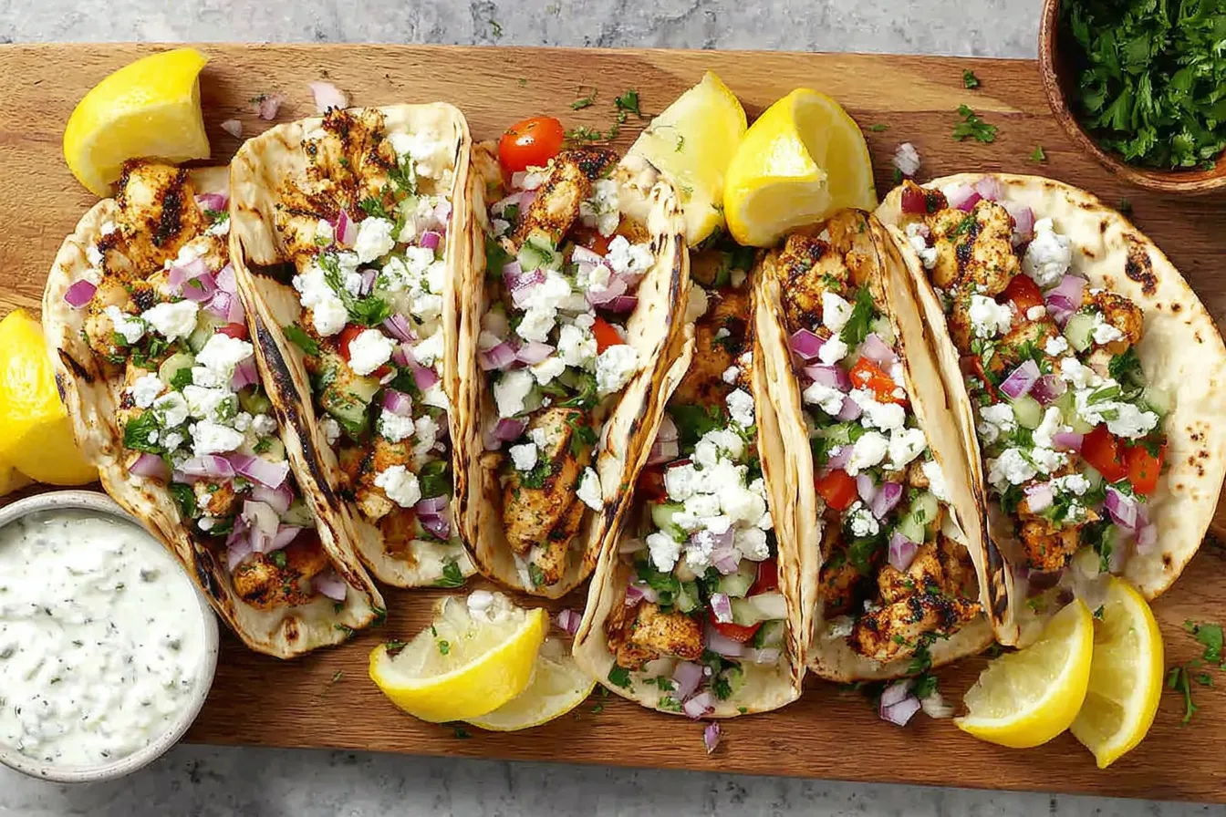Grilled Mediterranean Chicken Tacos with feta, fresh veggies, and tzatziki on warm pita