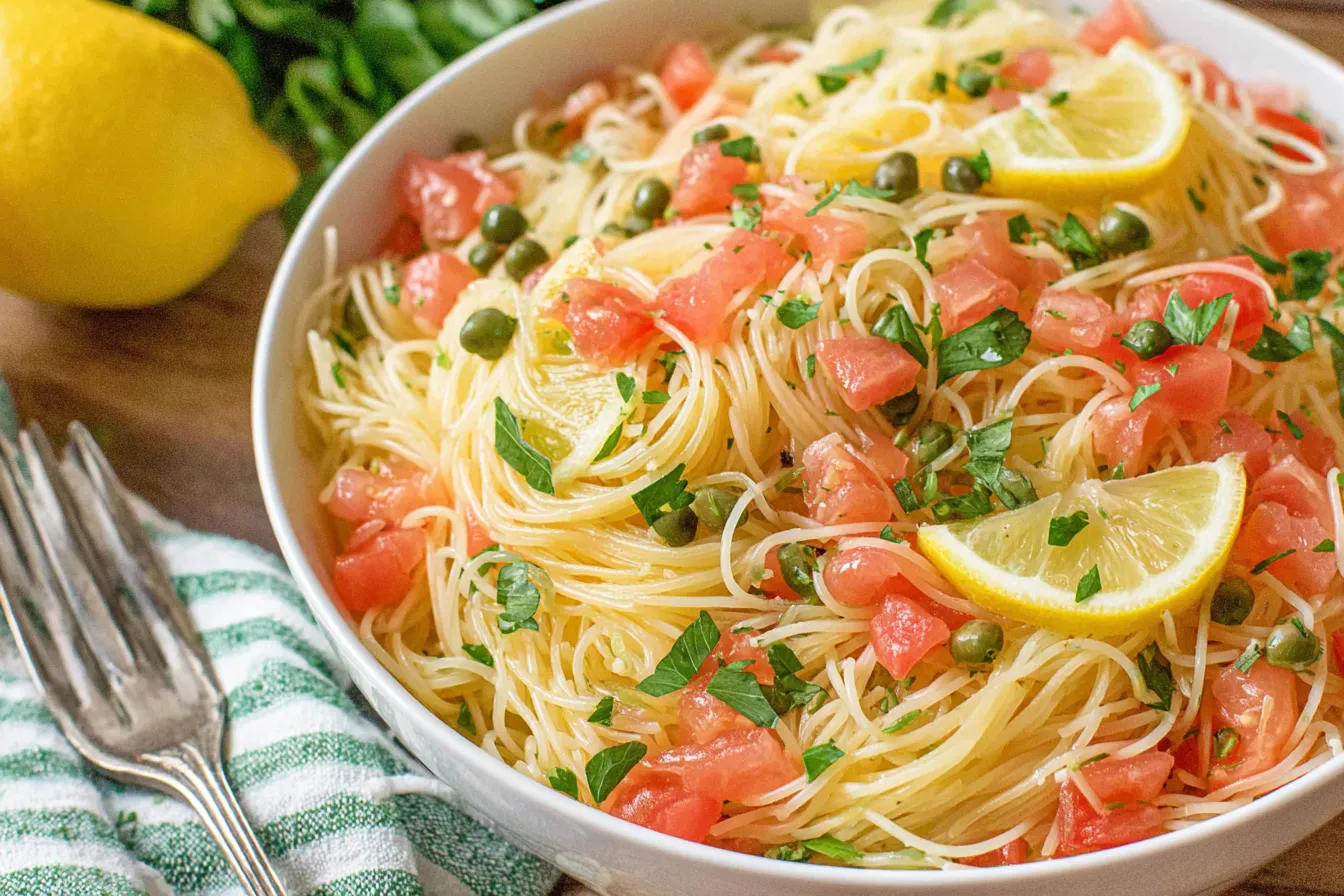 Lemon Capellini Salad Recipe served with lemon slices and fresh herbs