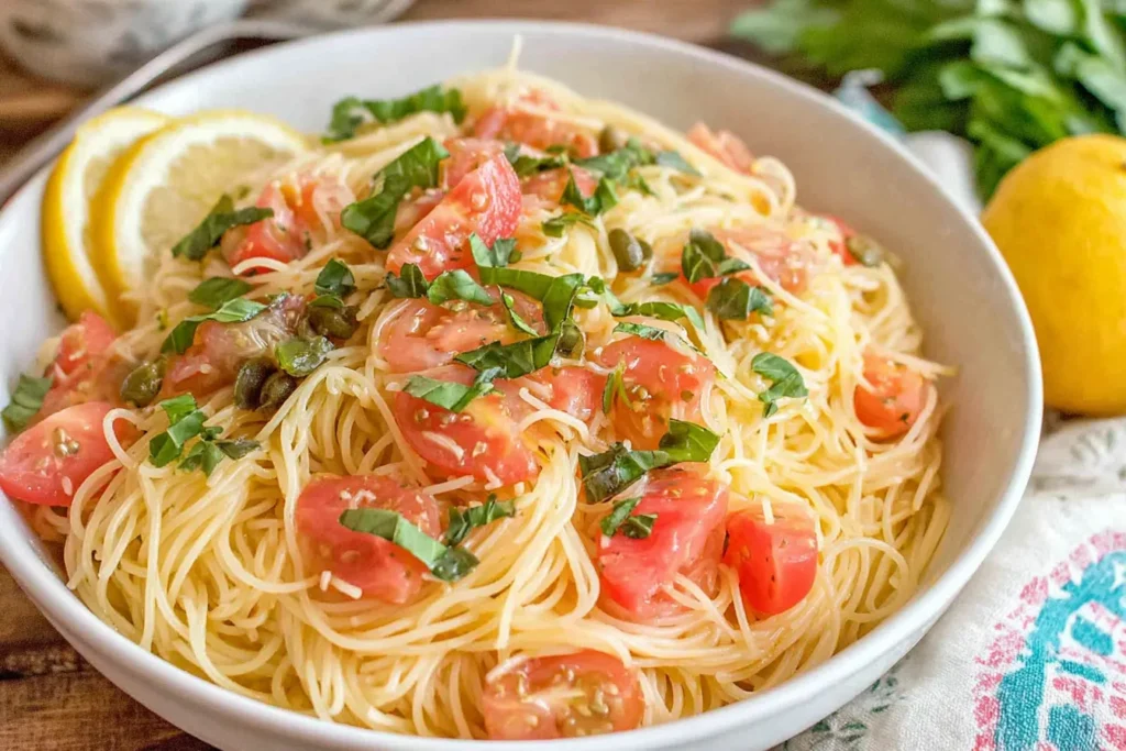Lemon Capellini Salad Recipe with fresh tomatoes, capers, and parsley