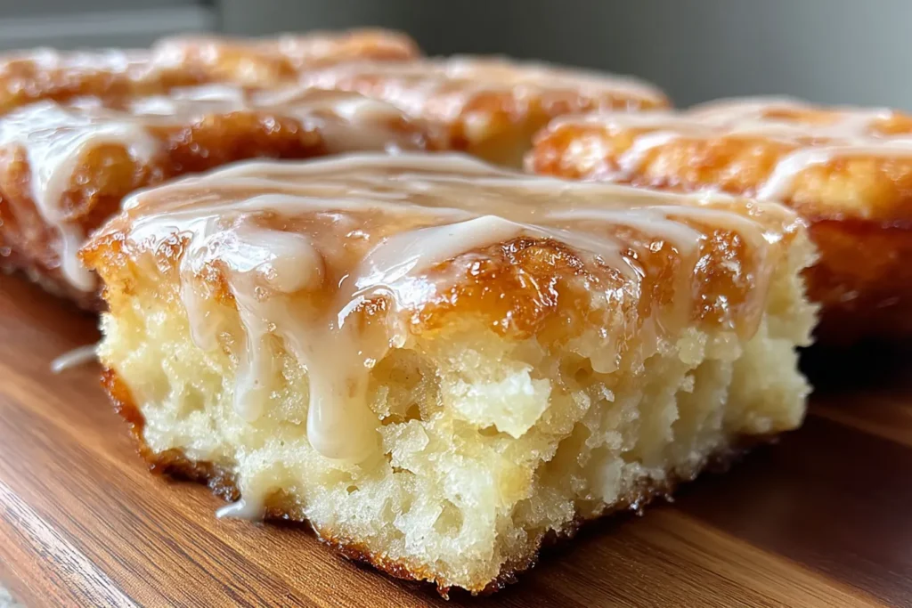 Old-Fashioned Buttermilk Donut Bars with rich glaze on a wooden board, featuring a moist texture and golden baked finish