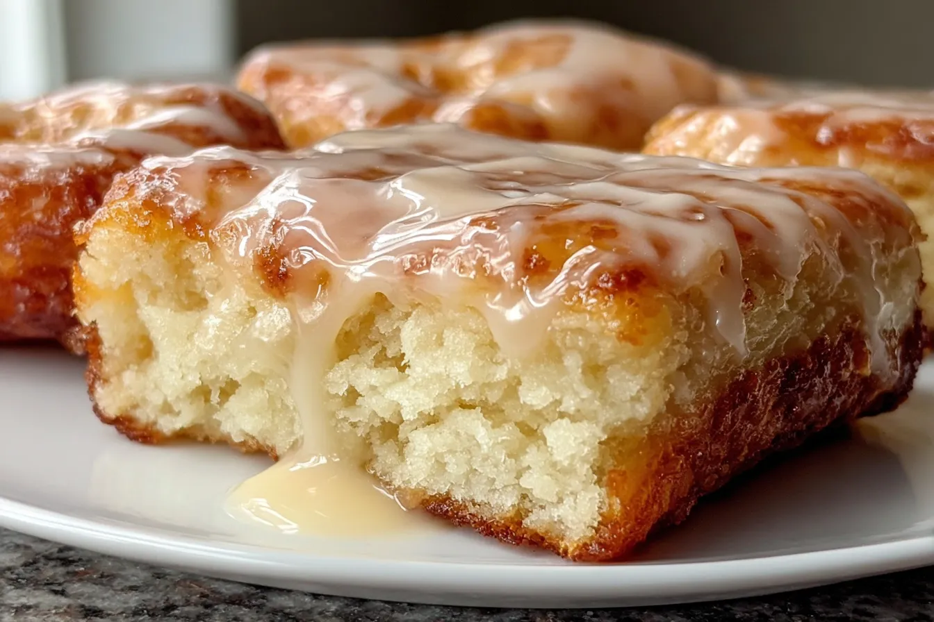 Old-Fashioned Buttermilk Donut Bars with glossy glaze on a white plate, showing the soft cakey center and golden edges