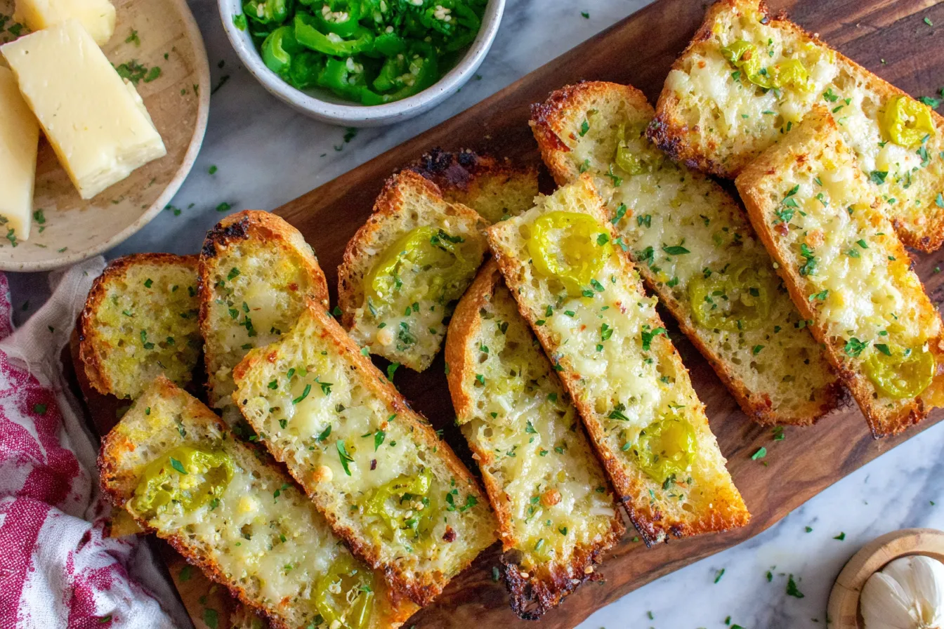 Cheesy Peperoncini Garlic Bread slices with melted cheese and peppers