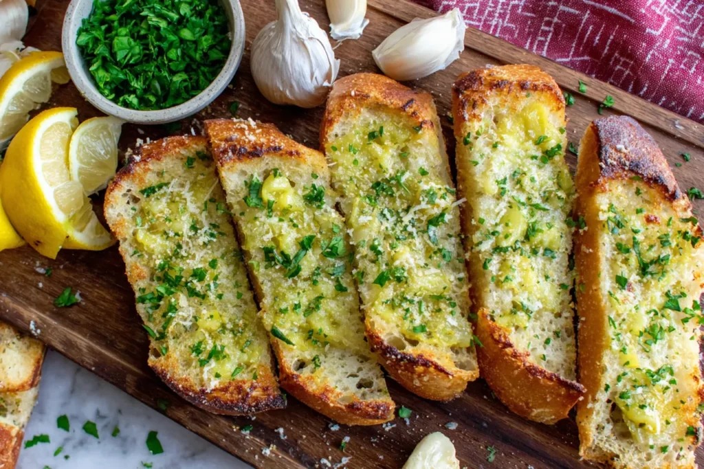 Peperoncini Garlic Bread with herbs, butter, and roasted garlic slices