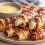 Pretzel Dogs with melty cheese and mustard dip on a plate, finished with coarse salt