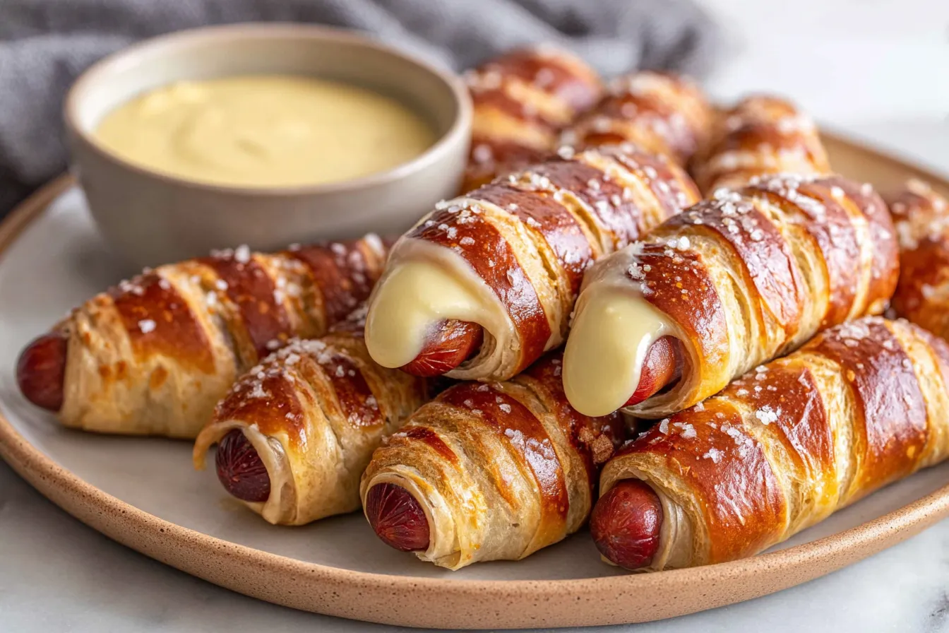 Pretzel Dogs with melty cheese and mustard dip on a plate, finished with coarse salt
