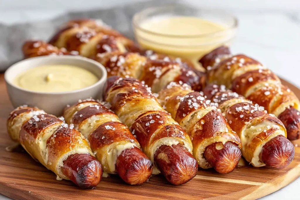 Pretzel Dogs baked until golden brown on a wooden board with coarse salt and mustard dipping sauce
