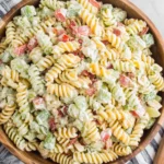 Homemade Ranch Pasta Salad with rotini, bacon, cucumber, and creamy dressing