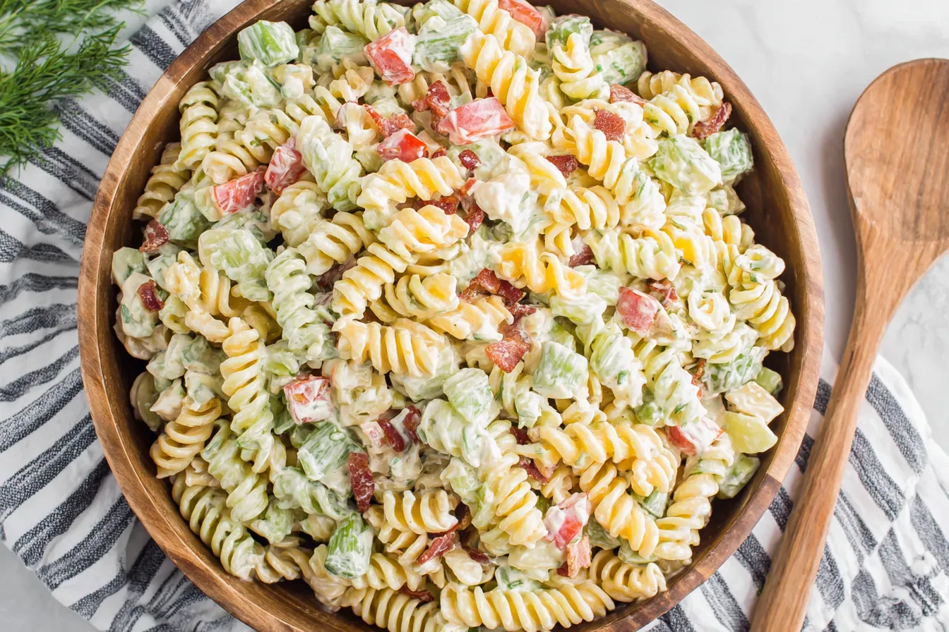 Homemade Ranch Pasta Salad with rotini, bacon, cucumber, and creamy dressing
