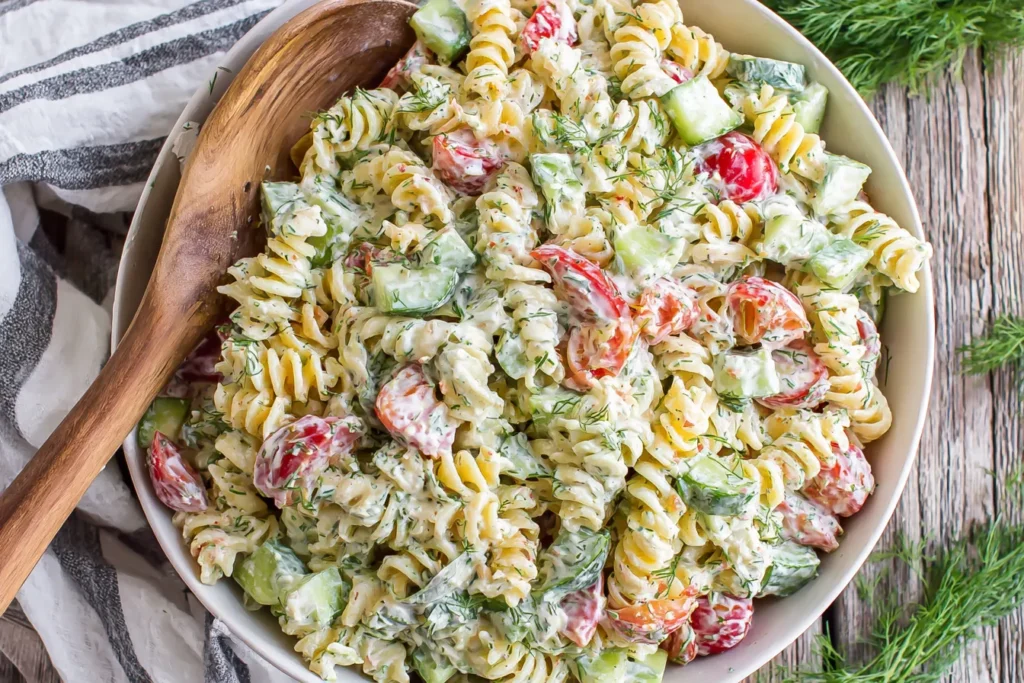 Creamy Ranch Pasta Salad with rotini, cucumber, tomatoes, and fresh herbs in a bowl