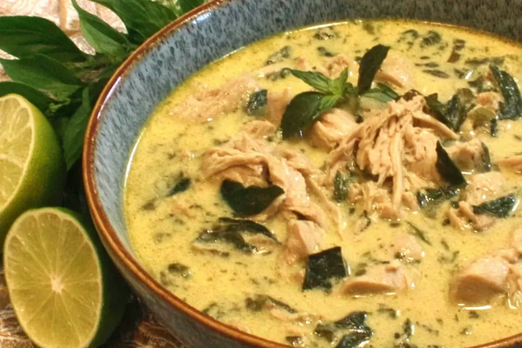 Crock Pot Thai Ginger Chicken Soup in a rustic blue bowl with shredded chicken, creamy coconut broth, fresh herbs, and lime halves on the side