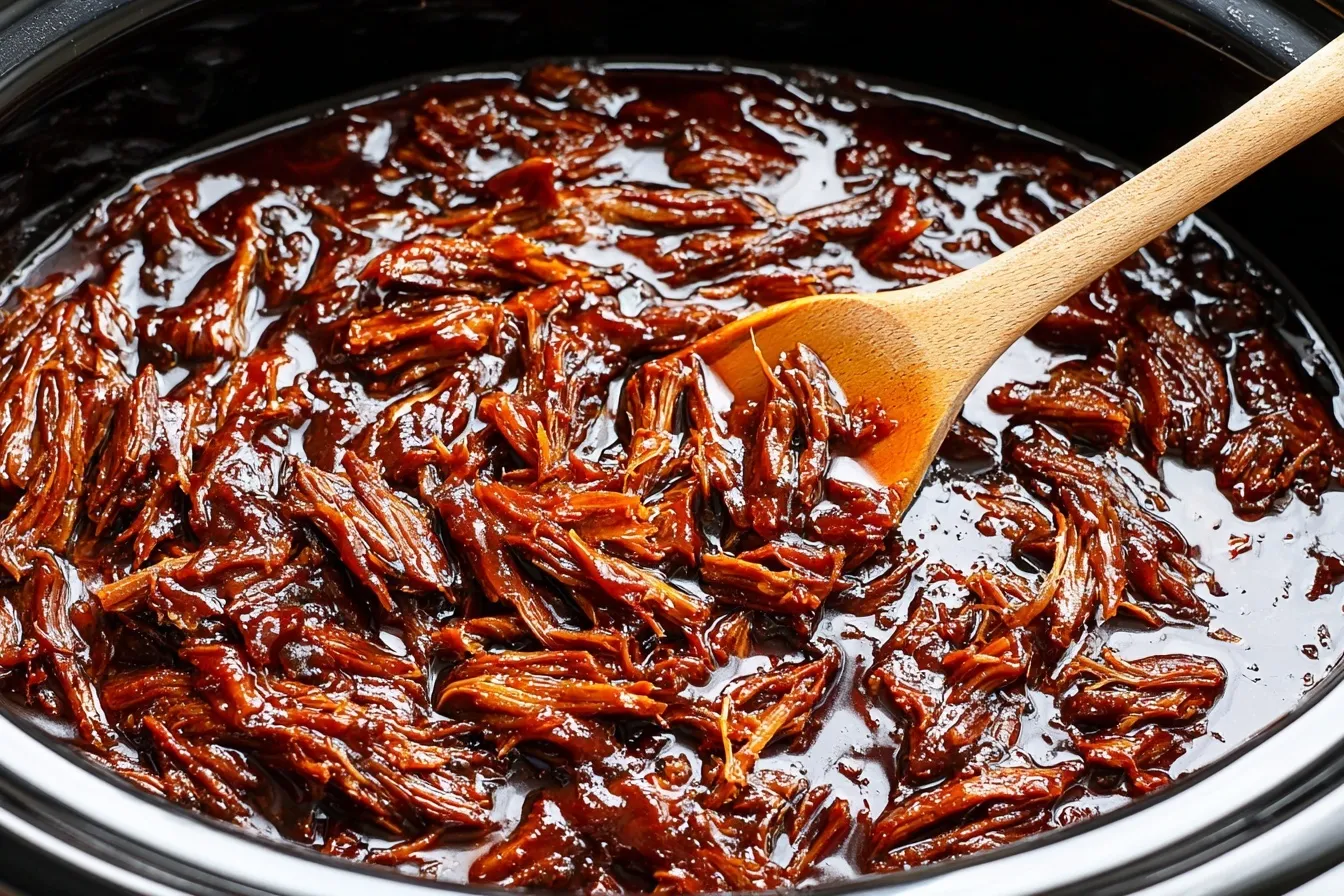Slow Cooker BBQ Beef Brisket inside the crockpot with shredded beef and smoky barbecue sauce