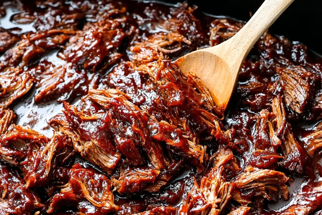 Slow Cooker BBQ Beef Brisket shredded and coated in thick barbecue sauce with a wooden spoon