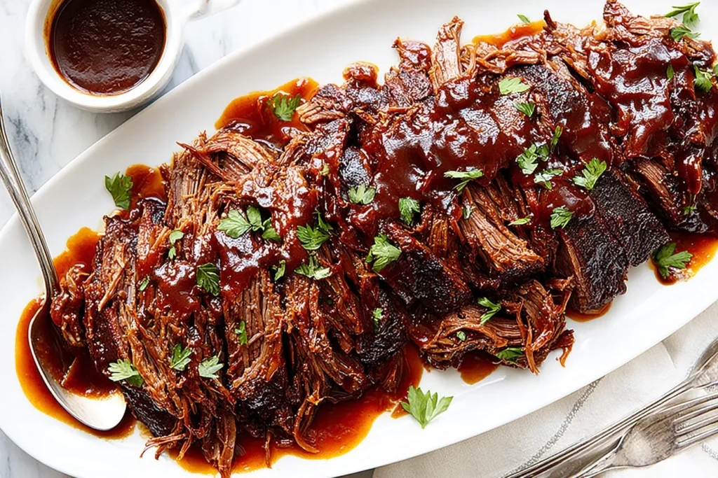 Slow Cooker BBQ Beef Brisket served on a platter with rich barbecue sauce and fresh parsley