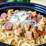 Slow Cooker Cajun Chicken Alfredo Recipe in slow cooker with parmesan, chicken, and sausage