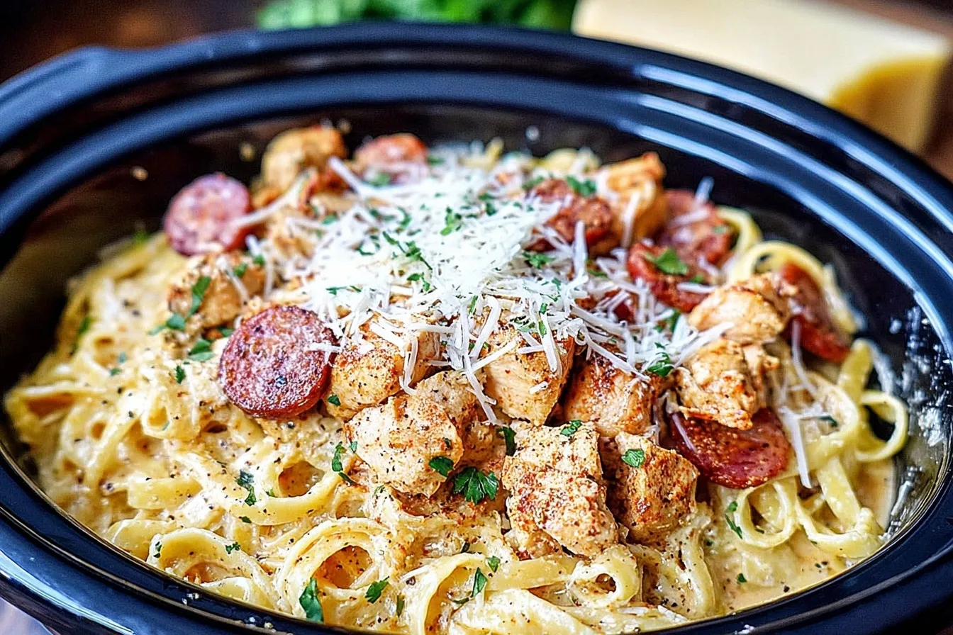 Slow Cooker Cajun Chicken Alfredo Recipe in slow cooker with parmesan, chicken, and sausage