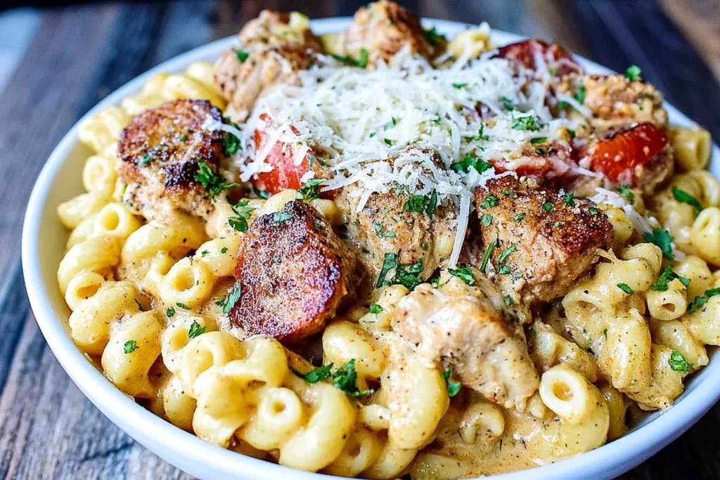 Slow Cooker Cajun Chicken Alfredo Recipe served with creamy pasta, chicken, and sausage