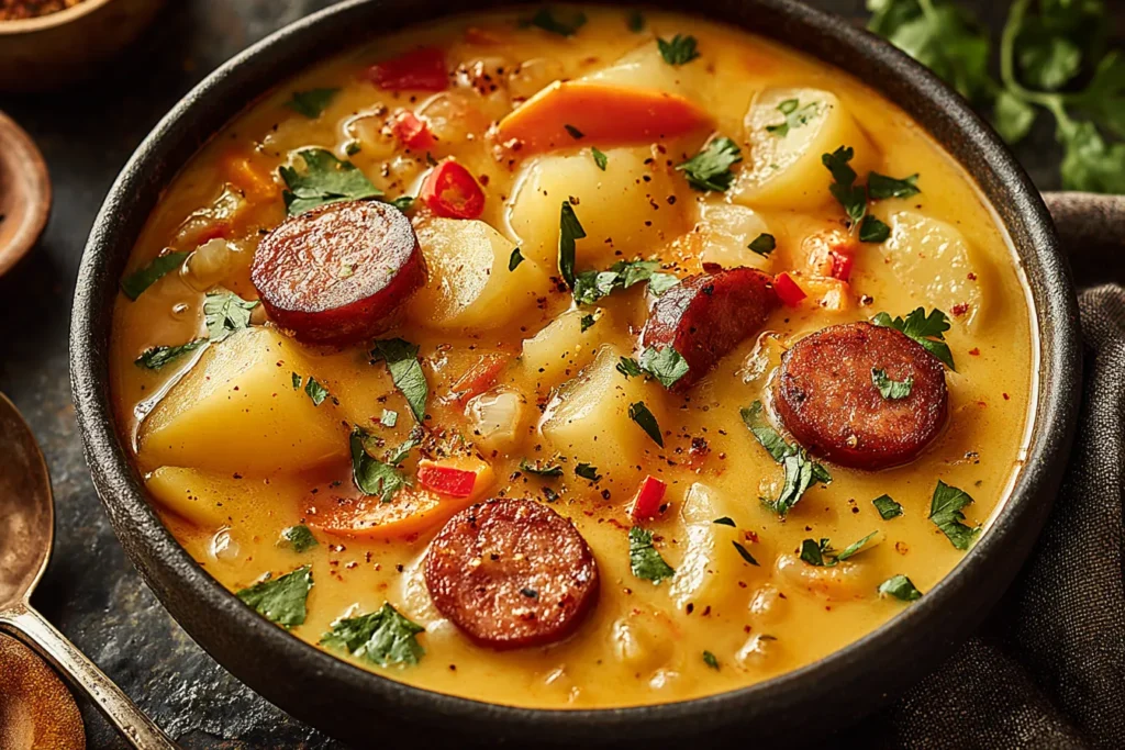 Slow Cooker Cajun Potato Soup Recipe served in a dark bowl with creamy potatoes, sausage slices, peppers, herbs, and a rich golden broth