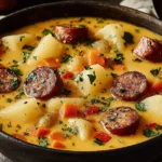 Slow Cooker Cajun Potato Soup Recipe with creamy broth, potatoes, Cajun sausage, red peppers, and fresh parsley in a rustic black bowl