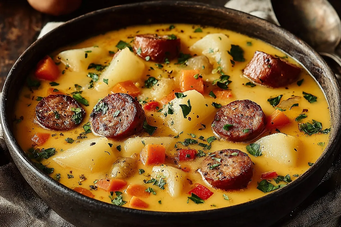 Slow Cooker Cajun Potato Soup Recipe with creamy broth, potatoes, Cajun sausage, red peppers, and fresh parsley in a rustic black bowl