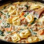 Slow Cooker Creamy Sausage and Tortellini Soup in a pot with spinach, sausage, carrots, and cheese tortellini in creamy broth