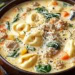 Slow Cooker Creamy Sausage and Tortellini Soup served in a rustic bowl with spinach, sausage, carrots, and creamy broth