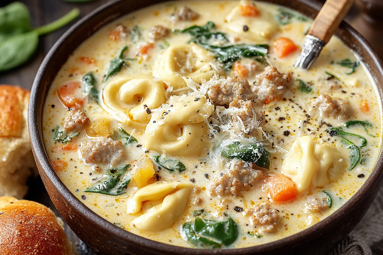 Slow Cooker Creamy Sausage and Tortellini Soup served in a rustic bowl with spinach, sausage, carrots, and creamy broth