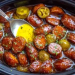 Slow Cooker Mississippi Mini Sausages cooking in a crockpot with buttery sauce and peppers