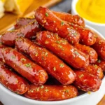 Slow Cooker Mississippi Mini Sausages served in a white bowl with a glossy buttery sauce