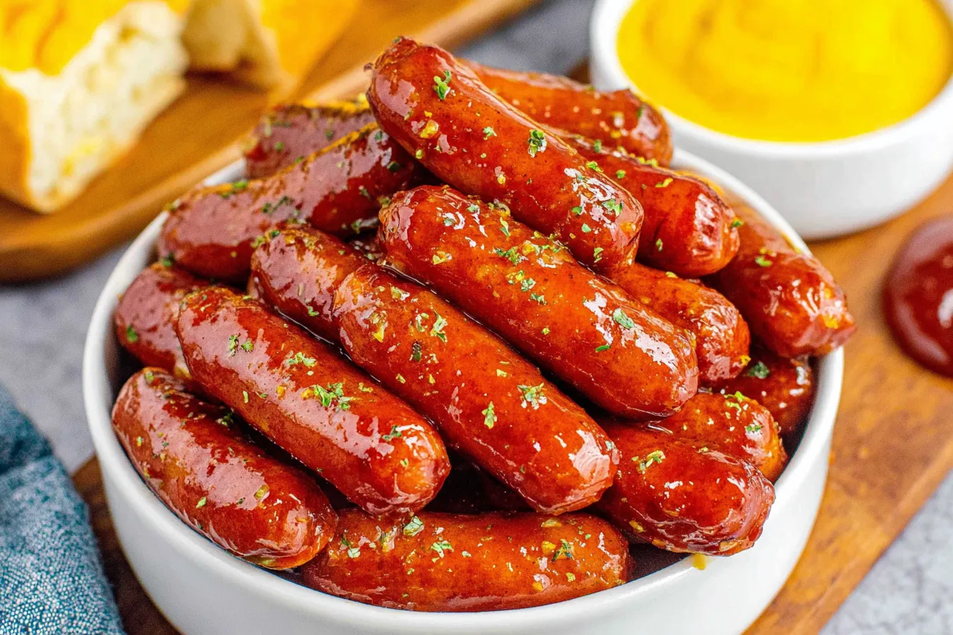 Slow Cooker Mississippi Mini Sausages served in a white bowl with a glossy buttery sauce