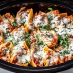 Four Cheese Stuffed Shells baked in a dish with melted cheese and herbs
