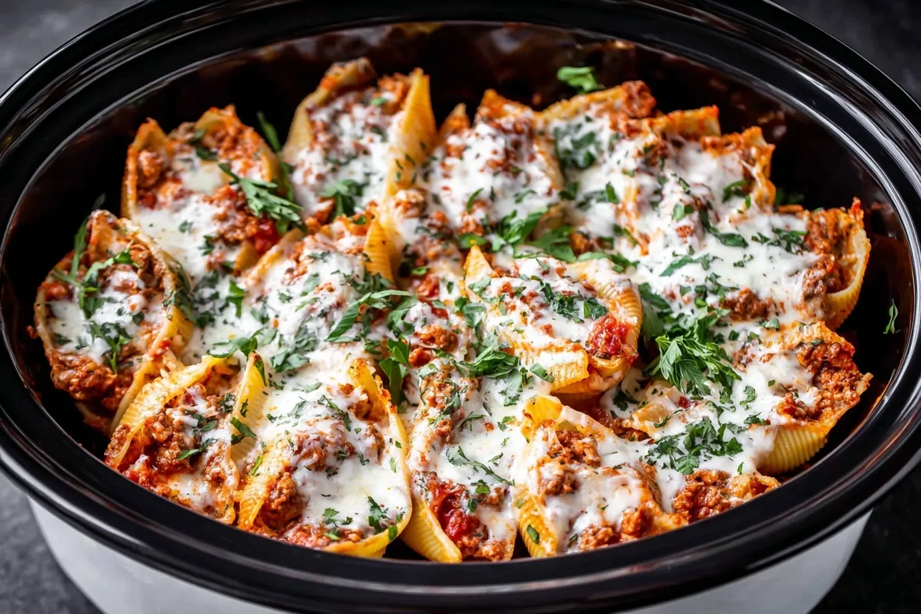Four Cheese Stuffed Shells baked in a dish with melted cheese and herbs