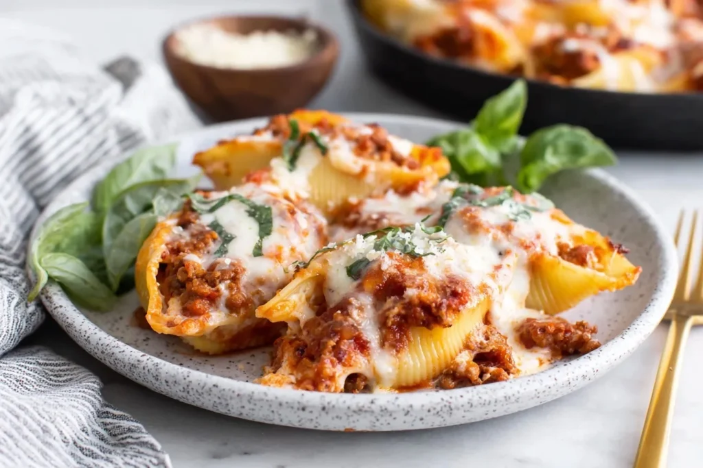 Four Cheese Stuffed Shells plated with marinara sauce and melted cheese