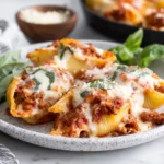 Four Cheese Stuffed Shells plated with marinara sauce and melted cheese