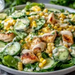 Street Corn Creamy Cucumber Chicken Salad topped with cilantro, lime, and creamy sauce in a fresh salad bowl