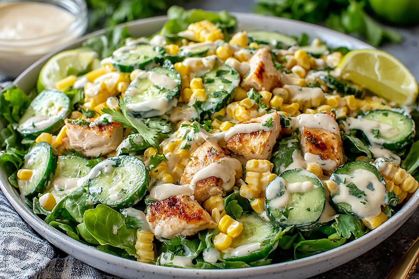 Street Corn Creamy Cucumber Chicken Salad topped with cilantro, lime, and creamy sauce in a fresh salad bowl