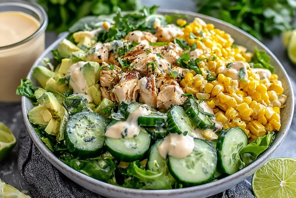 Street Corn Creamy Cucumber Chicken Salad with grilled chicken, corn, cucumber, and creamy dressing in a bowl