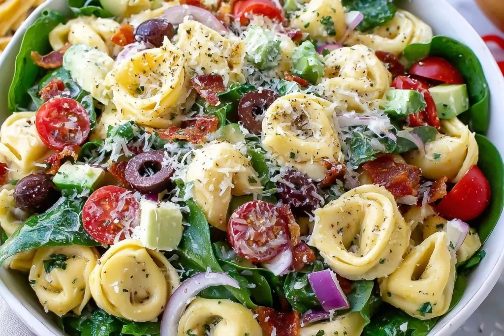 Tortellini Pasta Salad with cherry tomatoes, olives, spinach, and parmesan cheese