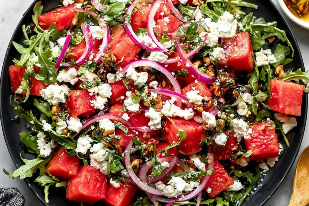 Feta Watermelon Salad on arugula with crumbled feta, red onion, fresh herbs, and balsamic glaze in a black bowl.