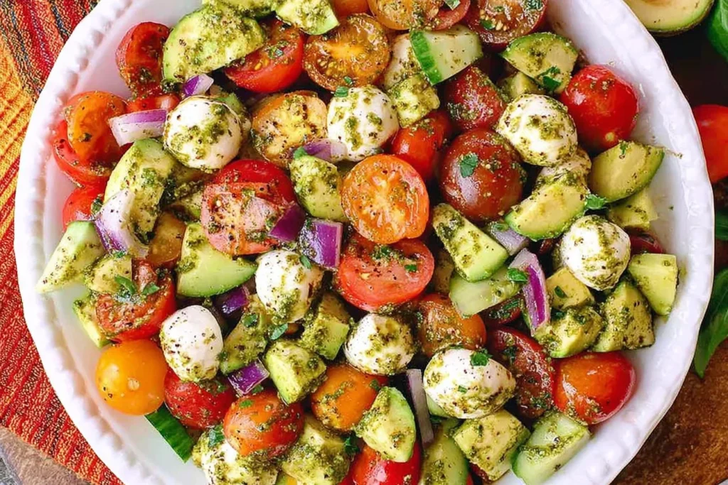 Close-up of Avocado Salad Tomatoes Mozzarella Basil Pesto with cherry tomatoes, cucumber, red onion, and mozzarella pearls tossed in pesto dressing.