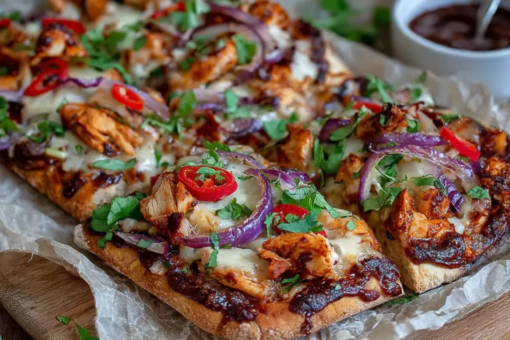 BBQ Chicken Flatbread on parchment with melty cheese, BBQ chicken, red onion, sliced jalapeños, and fresh cilantro, served with extra BBQ sauce.